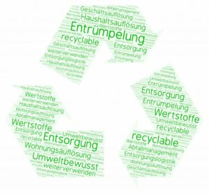 Recycling Symbol in dem Entrümpelung, Entsorgung, Haushaltsauflösung, Wohnunagsauflösung, Umzug und weitere Leistungen vermerkt sind.